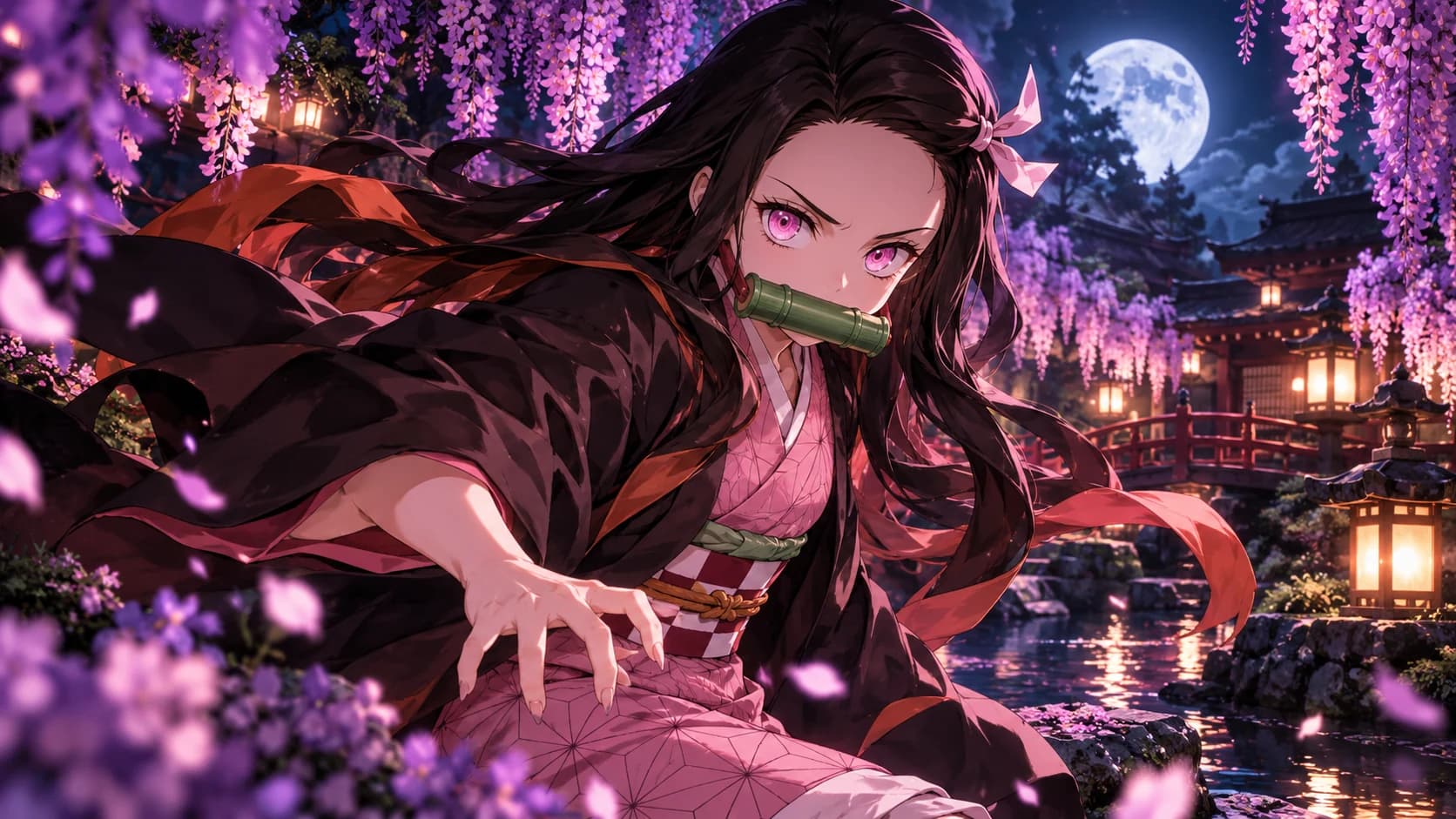 Nezuko Kamado from Demon Slayer in her recognizable pink patterned kimono and bamboo muzzle.