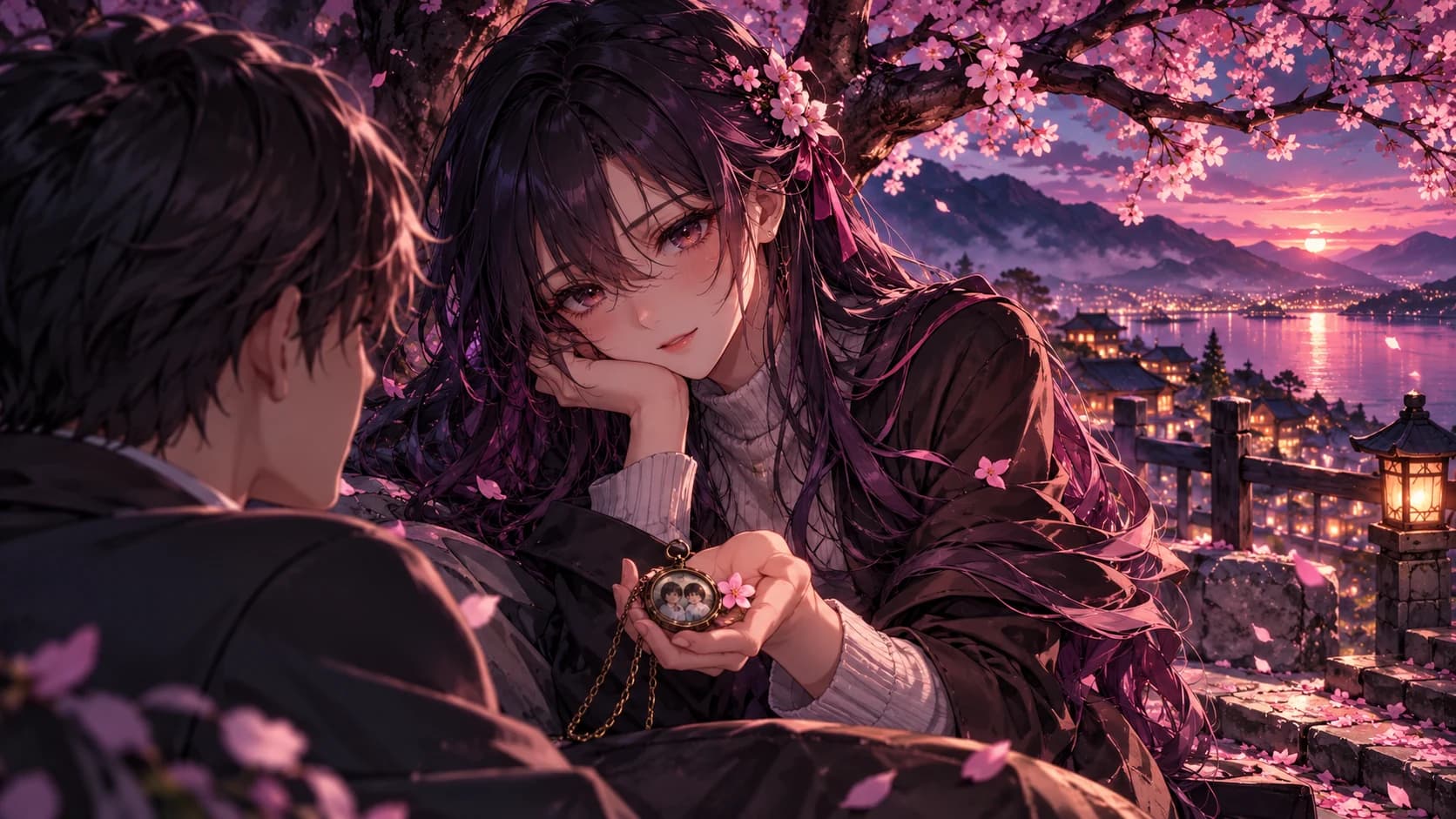 An original adult anime woman greeting an adult childhood friend under a cherry tree, soft smile with subtly intense gaze.
