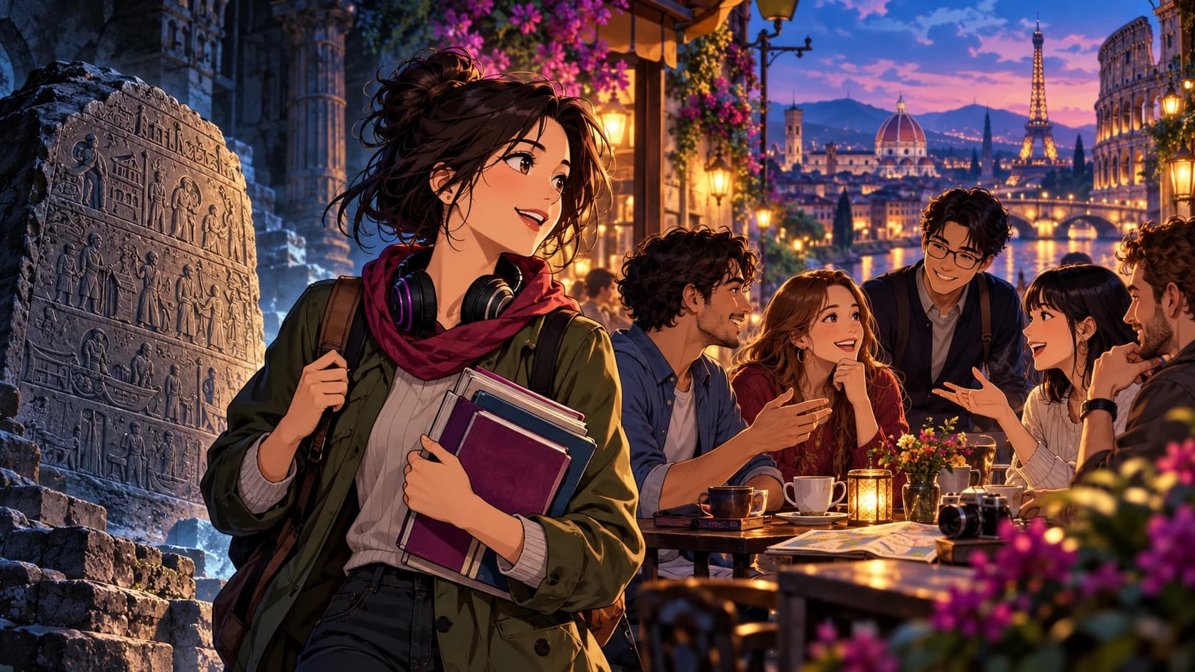 An adult anime language learner moving from an ancient carved stone motif toward a lively modern conversation cafe.