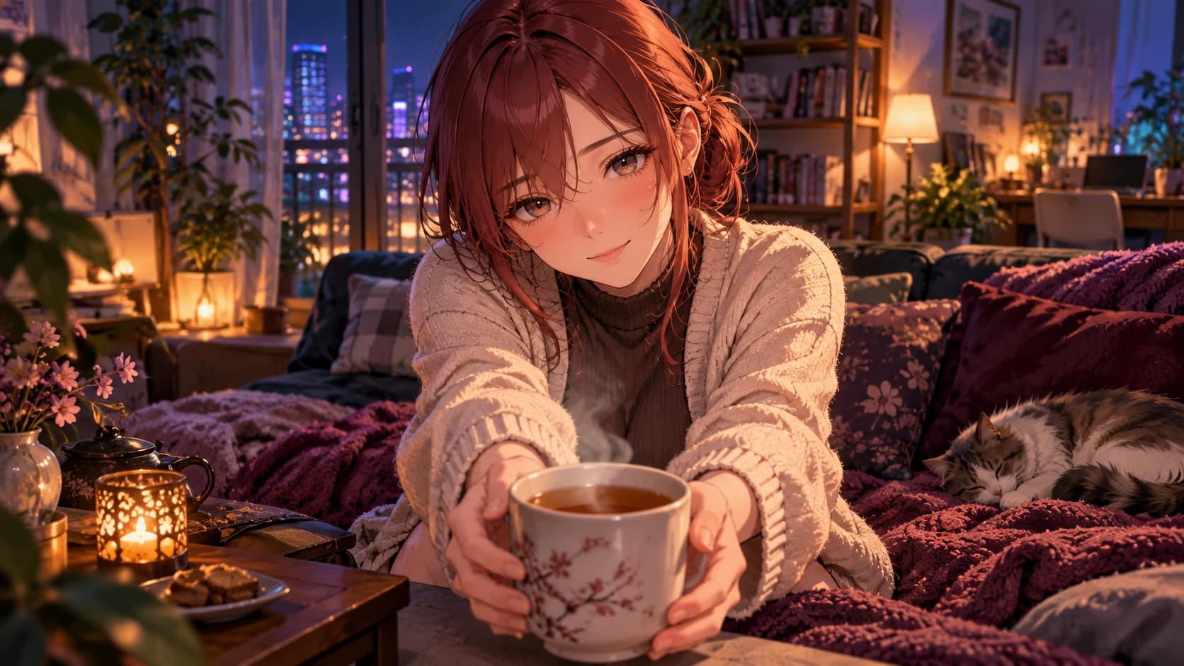 An original adult anime woman with auburn hair in a modest cardigan shyly offering a mug of tea in a warm shared apartment.