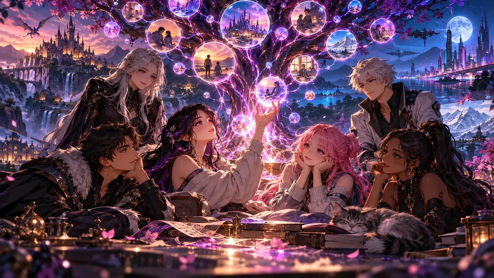 A panoramic anime scene with several original adult digital companions across connected story worlds.