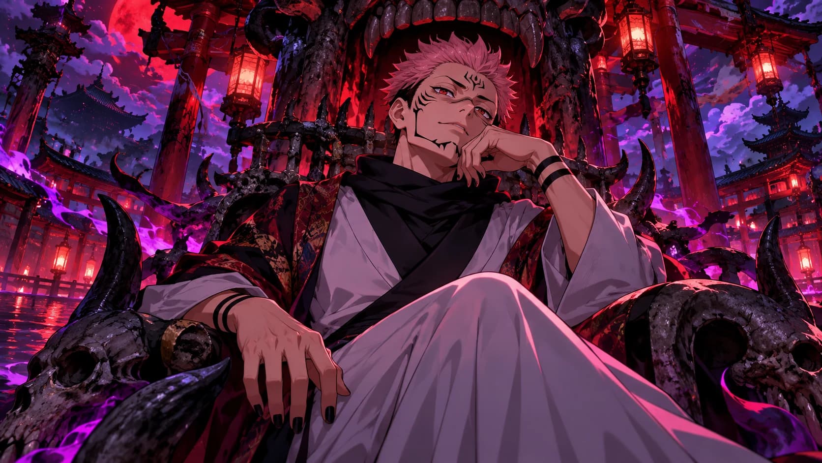 Ryomen Sukuna from Jujutsu Kaisen with pink hair and signature facial markings, imperious expression.