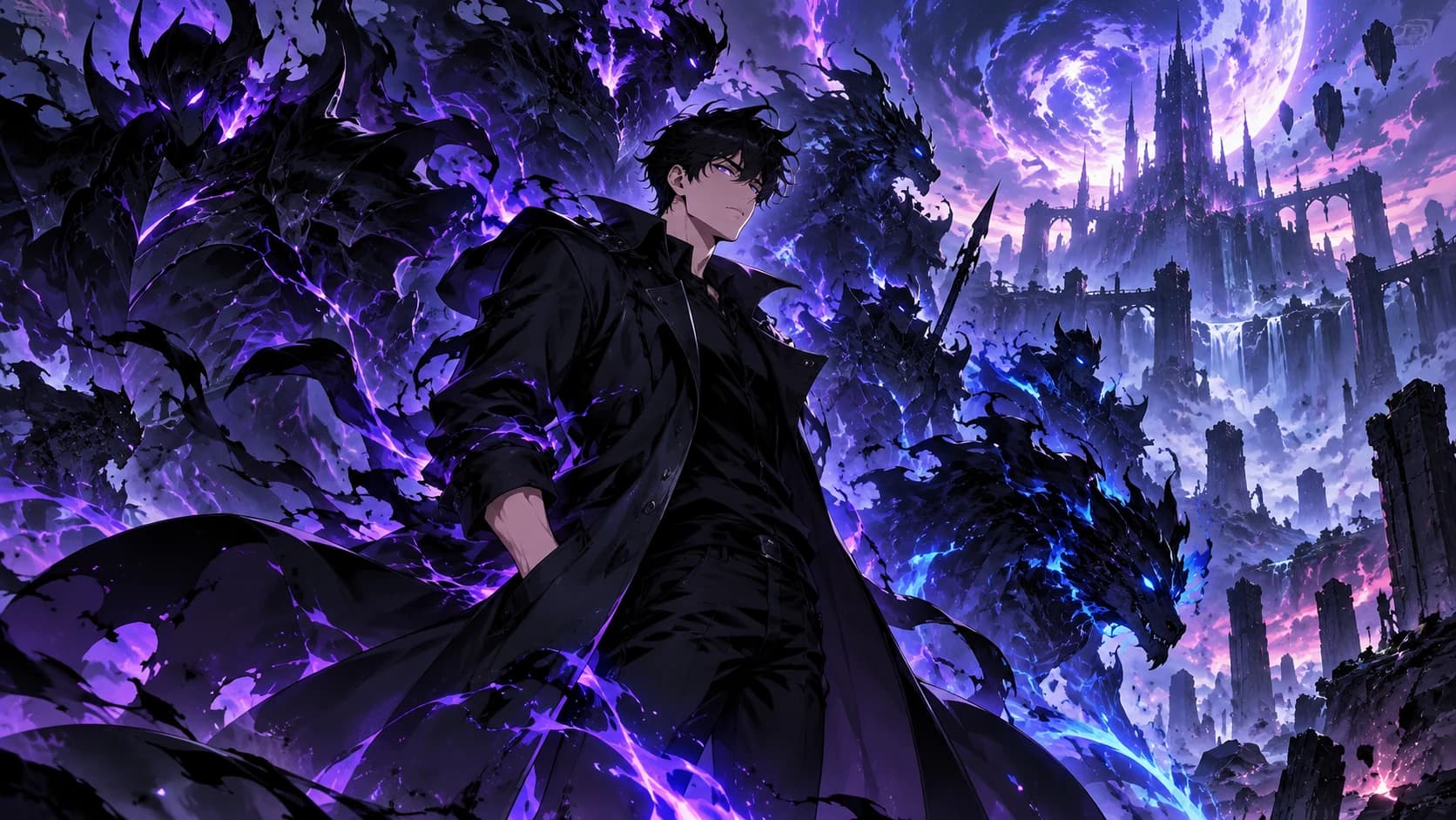 Sung Jin-Woo from Solo Leveling, adult dark-haired hunter in a dark long coat, calm commanding expression.
