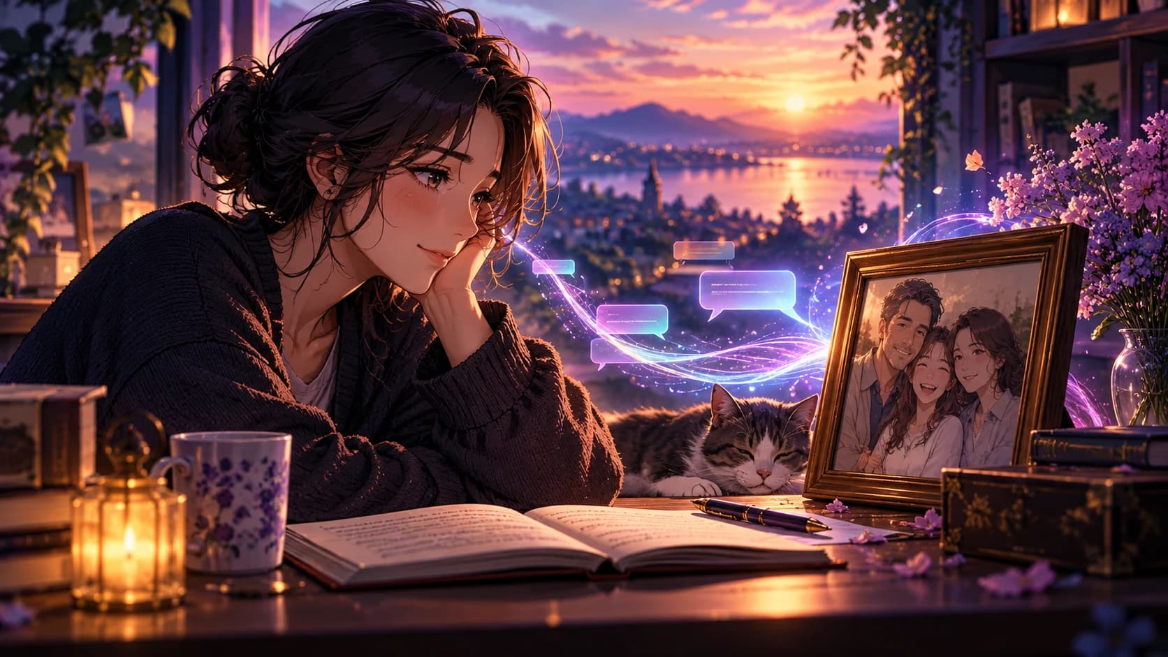 An adult anime person quietly looking at a cherished framed family photograph beside a journal and a subtle abstract digital conversation glow.