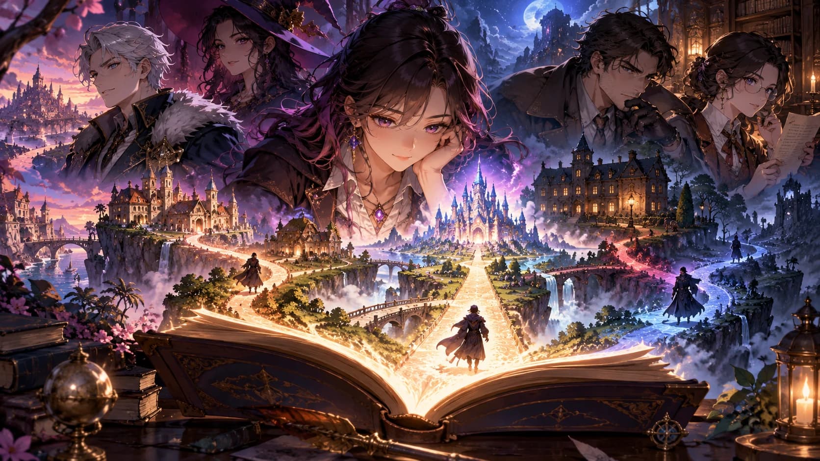 An adult anime player opening a luminous storybook whose pages unfold into a fantasy city and detective manor.