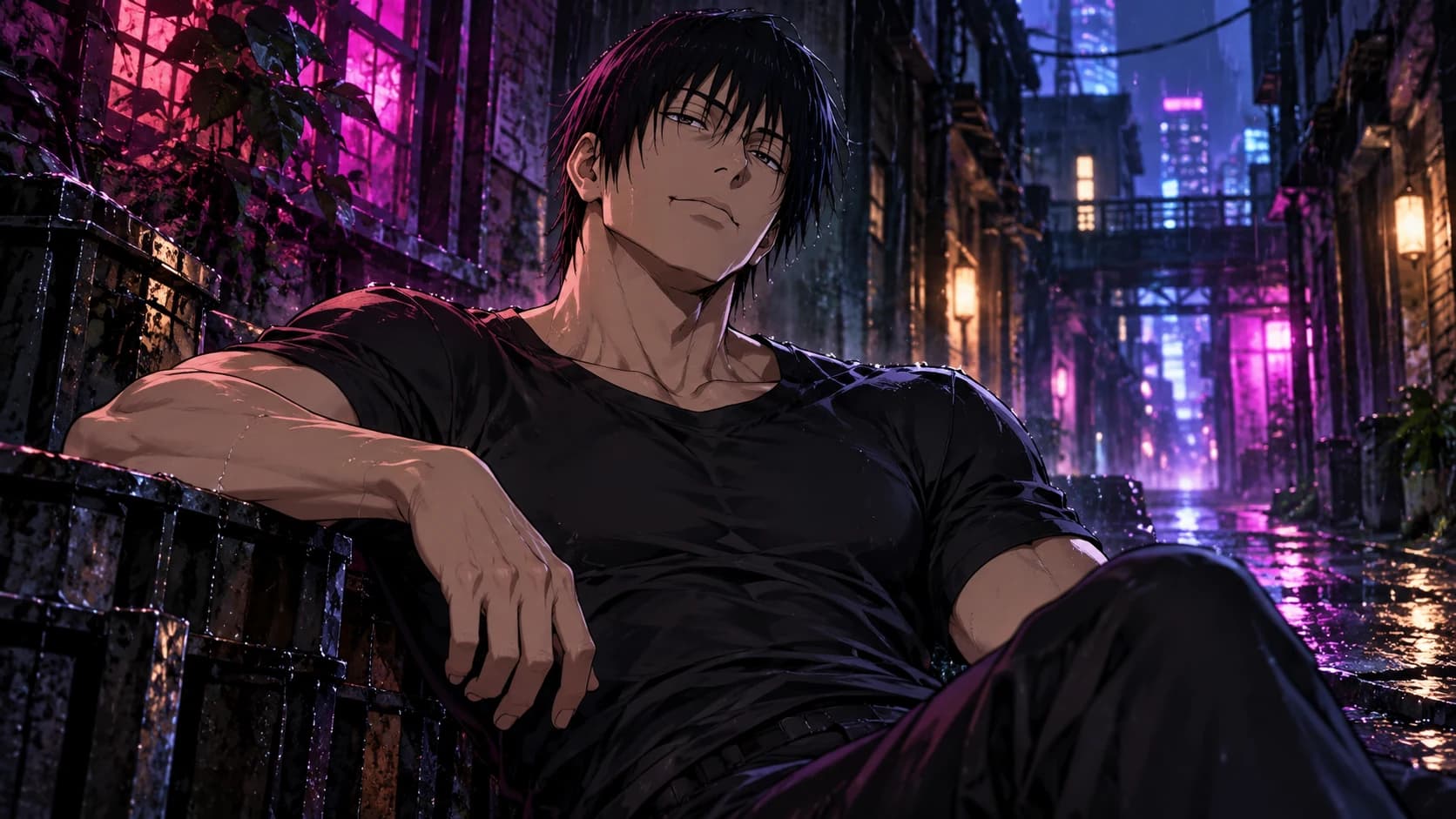 Toji Fushiguro from Jujutsu Kaisen, muscular adult dark-haired man with a small lip scar in a dark fitted shirt.