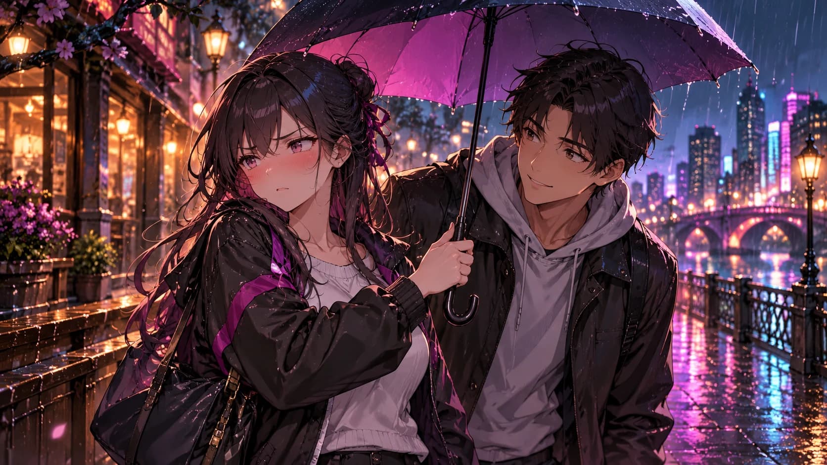 An original adult anime woman in a casual jacket looking away with a stubborn blush while offering a spare umbrella to an adult friend in soft city rain.