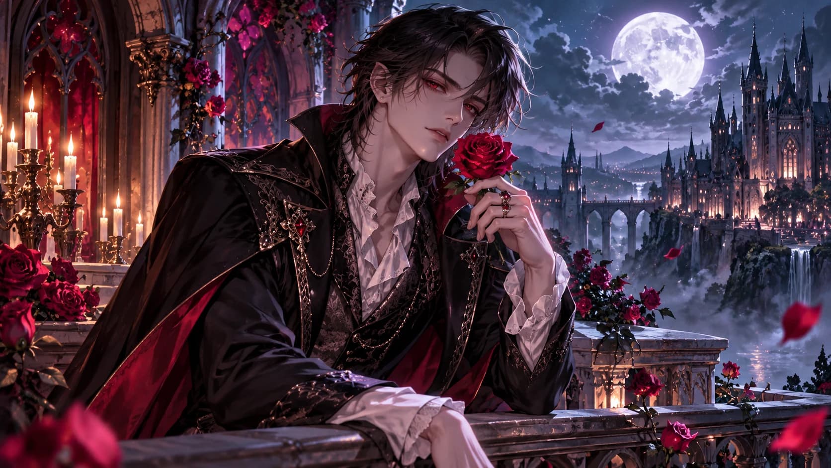 An elegant adult anime vampire man in a dark tailored coat beside a gothic balcony, silver moonlight, restrained tender gaze.