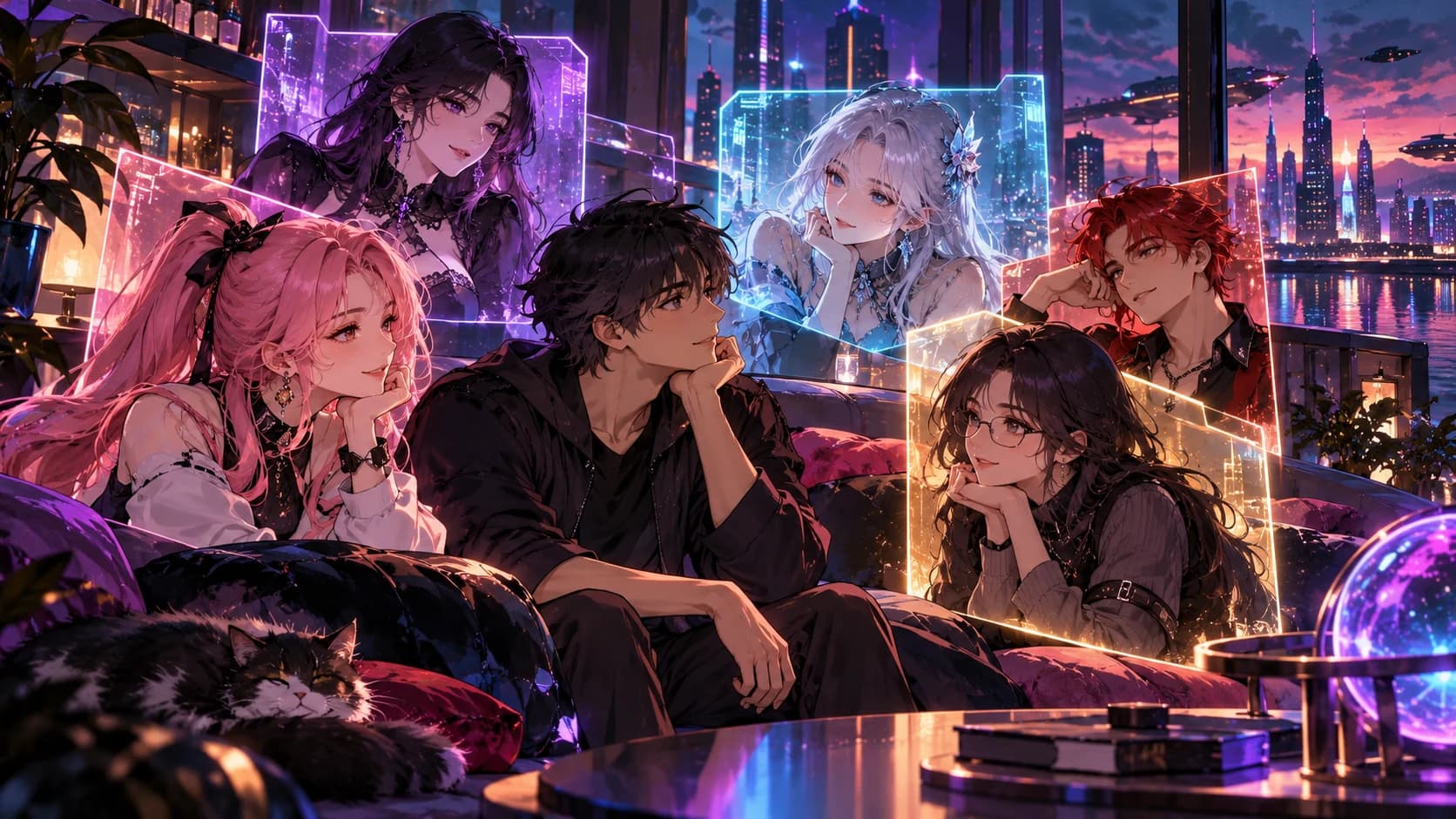 An adult anime person meeting several distinct original adult digital companions reflected in luminous conversational windows in a futuristic lounge.