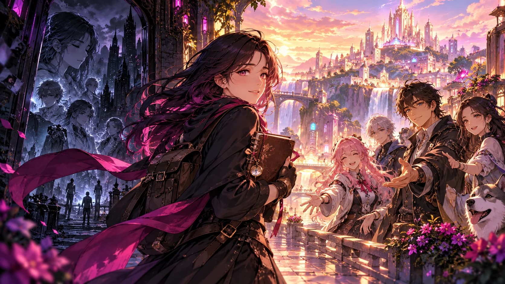 An adult anime traveler leaving a darkened virtual city gate carrying a journal of memories.