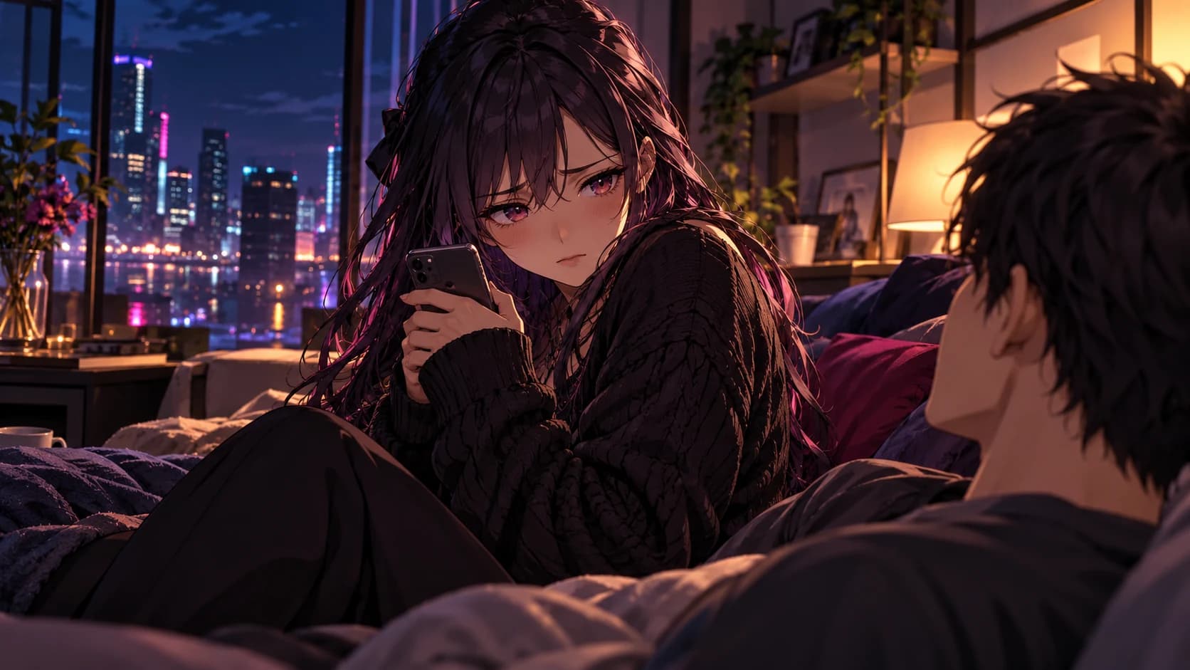 An original adult anime woman in a modest dark sweater holding a phone faced away from viewer.