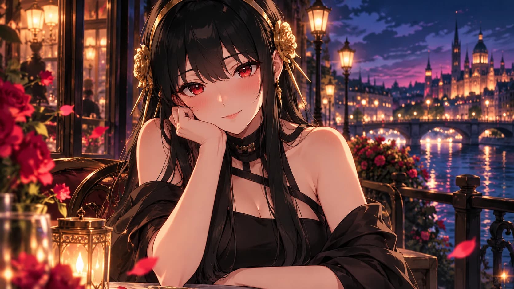Yor Forger from Spy x Family, adult woman with long black hair red eyes and gold hair ornaments.