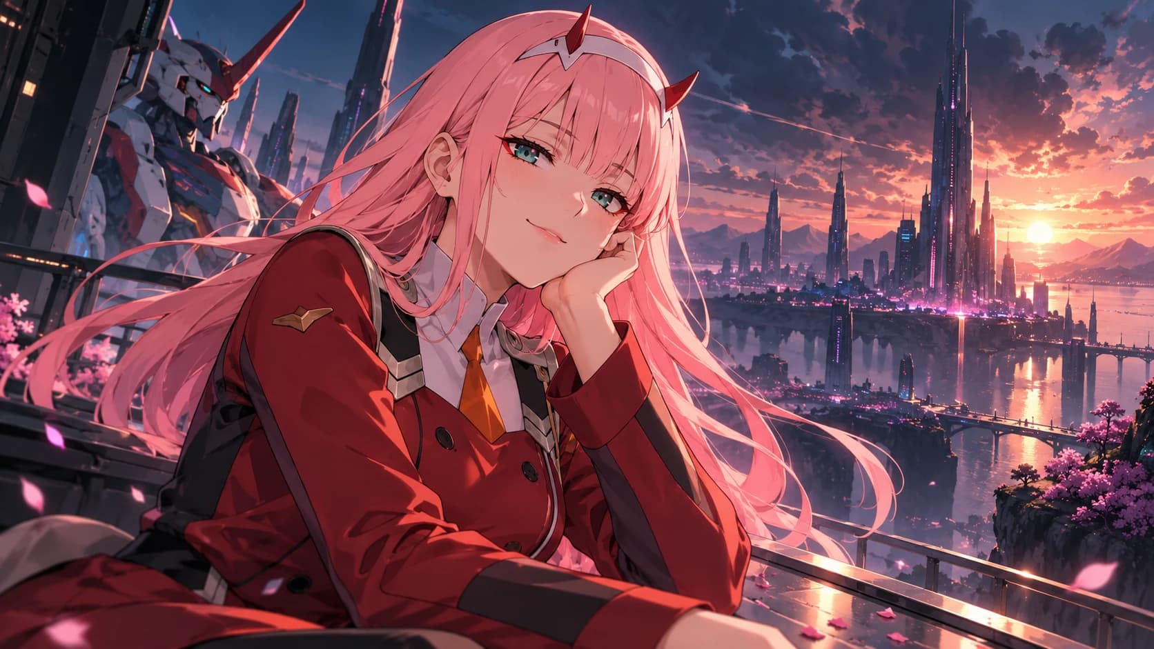 Zero Two from Darling in the Franxx with pink hair small red horns and teal eyes, wearing her fully closed red uniform.