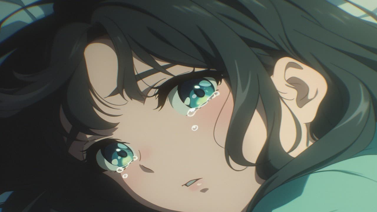 Close-up of an anime character's tearful, reflective expression