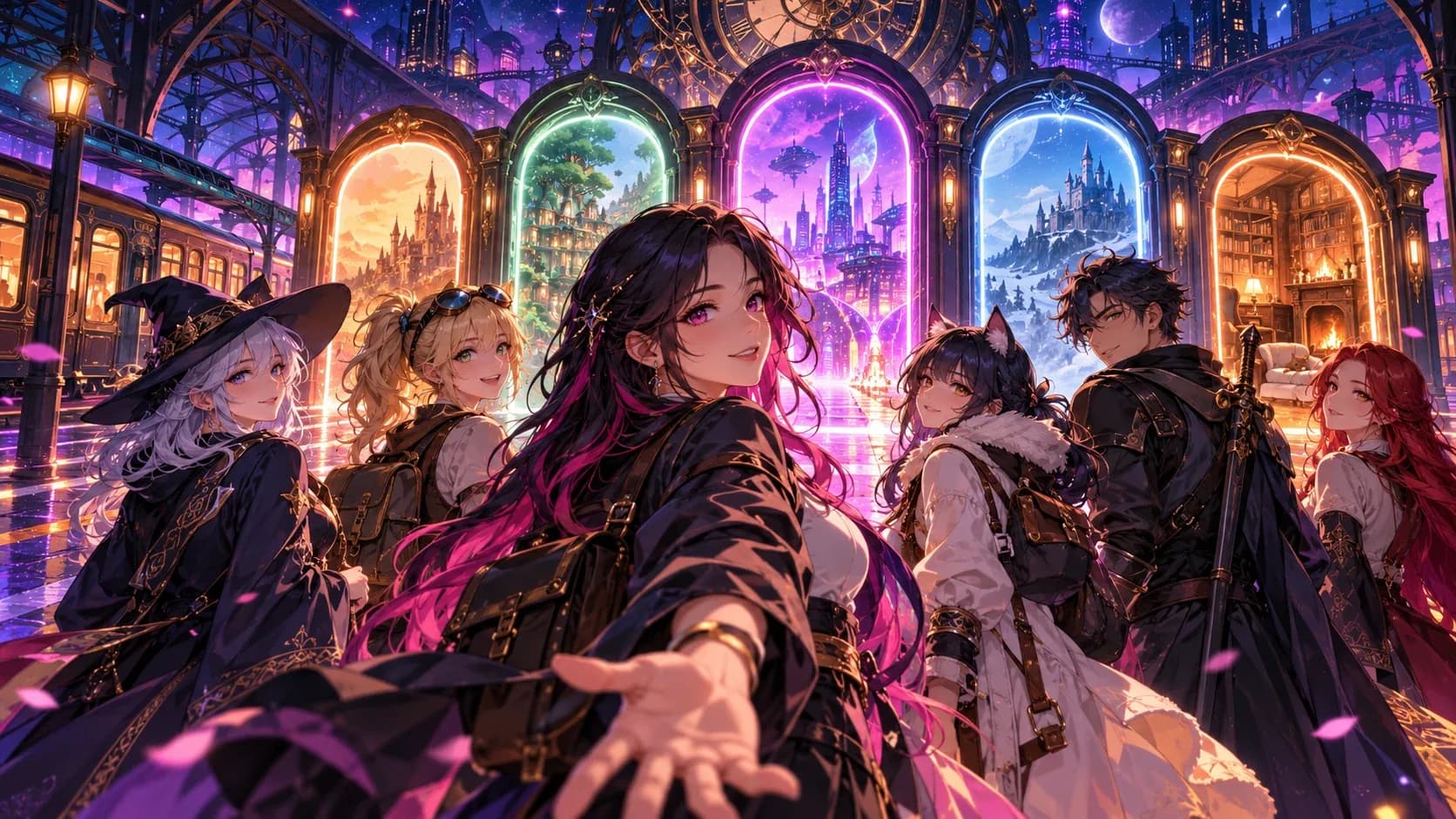 A stylish adult anime traveler at a neon station with multiple luminous doors leading to distinct conversational worlds.