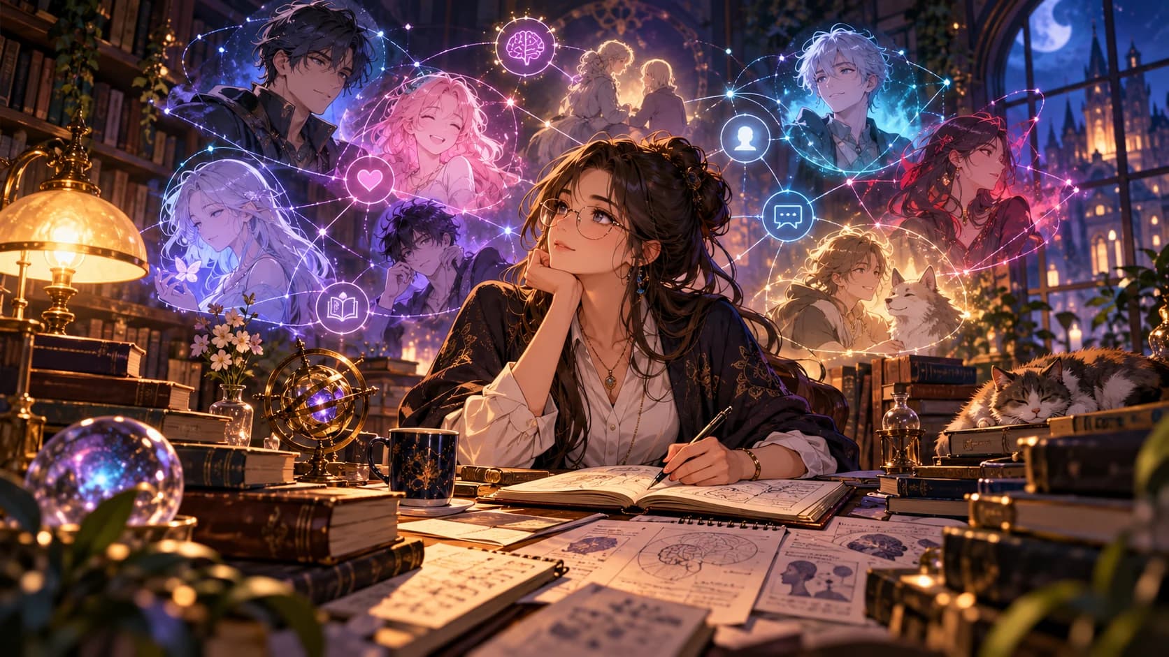An adult anime researcher in a lamplit library studying the connections between fictional characters.