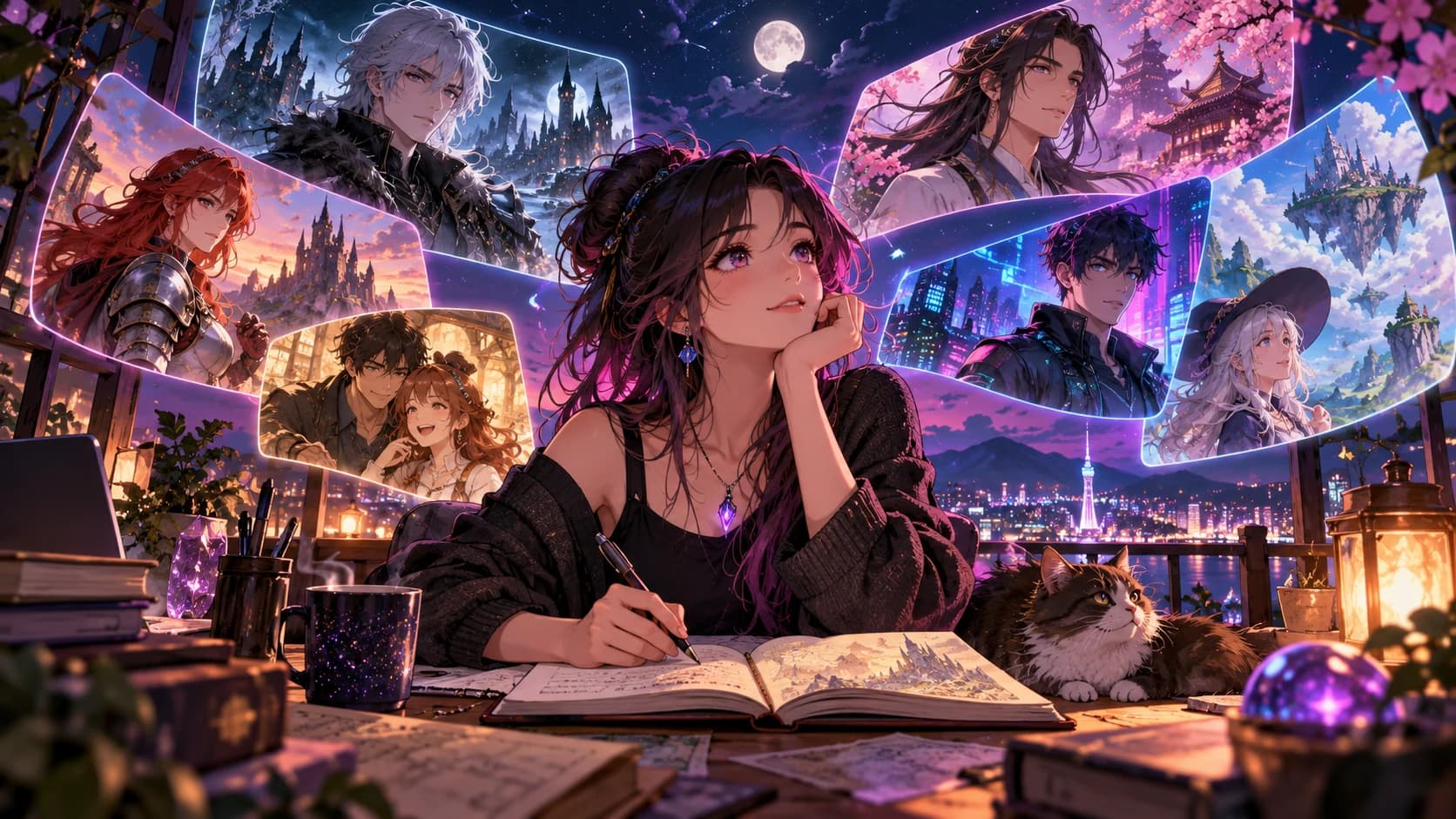 An adult anime writer at a midnight rooftop studio, open journal and story worlds reflected in floating abstract panes.