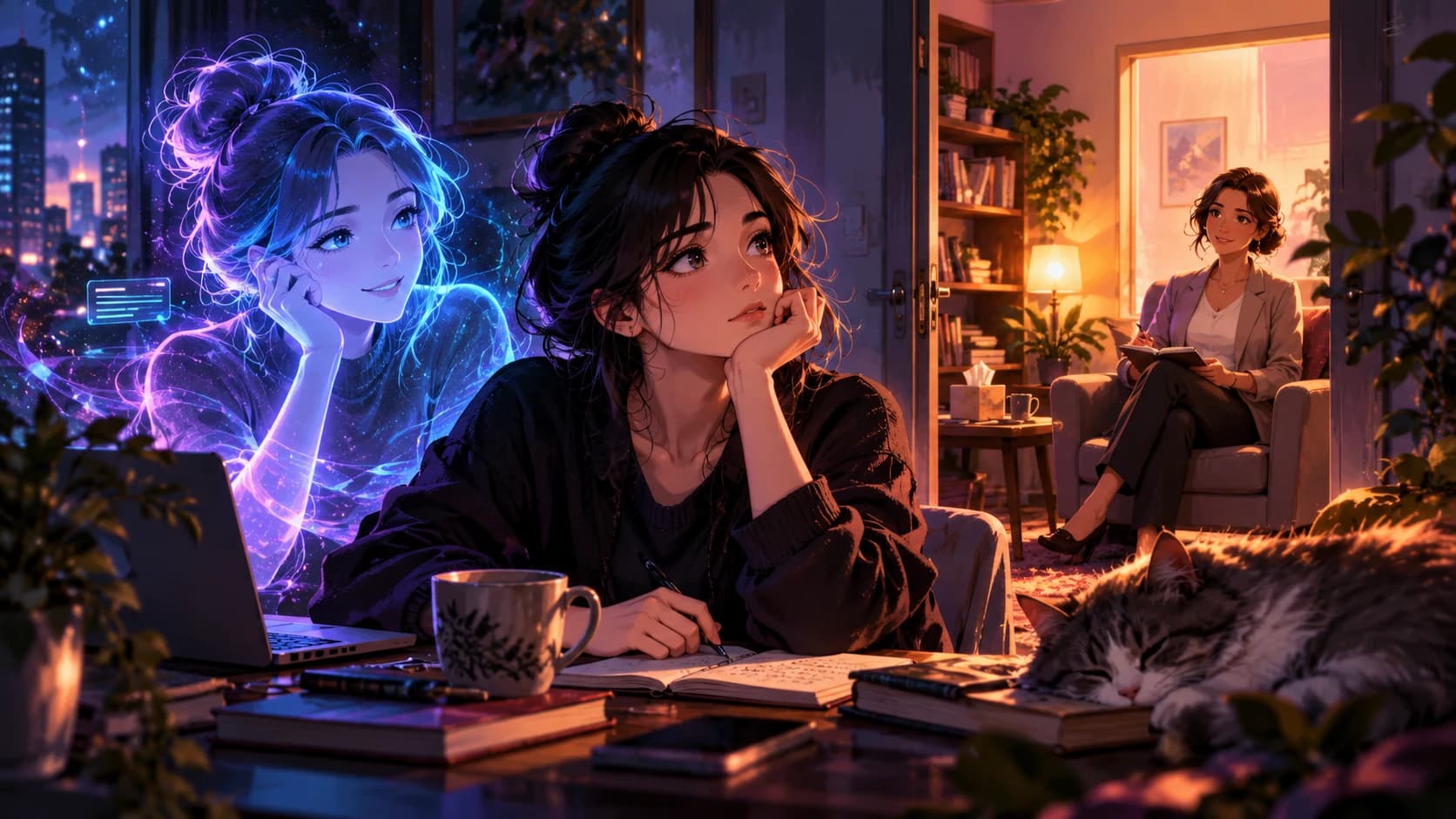 An adult anime person reflecting at a desk with a subtle digital companion glow.