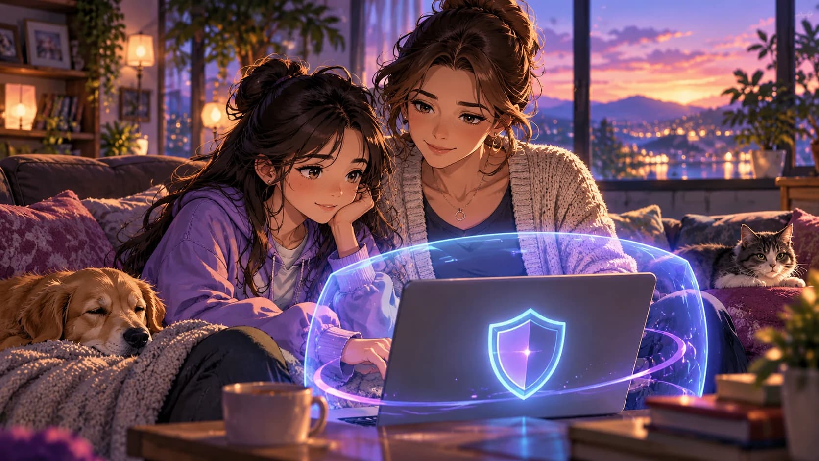 A parent and young teenager sitting side by side reviewing a laptop in a sunlit living room.