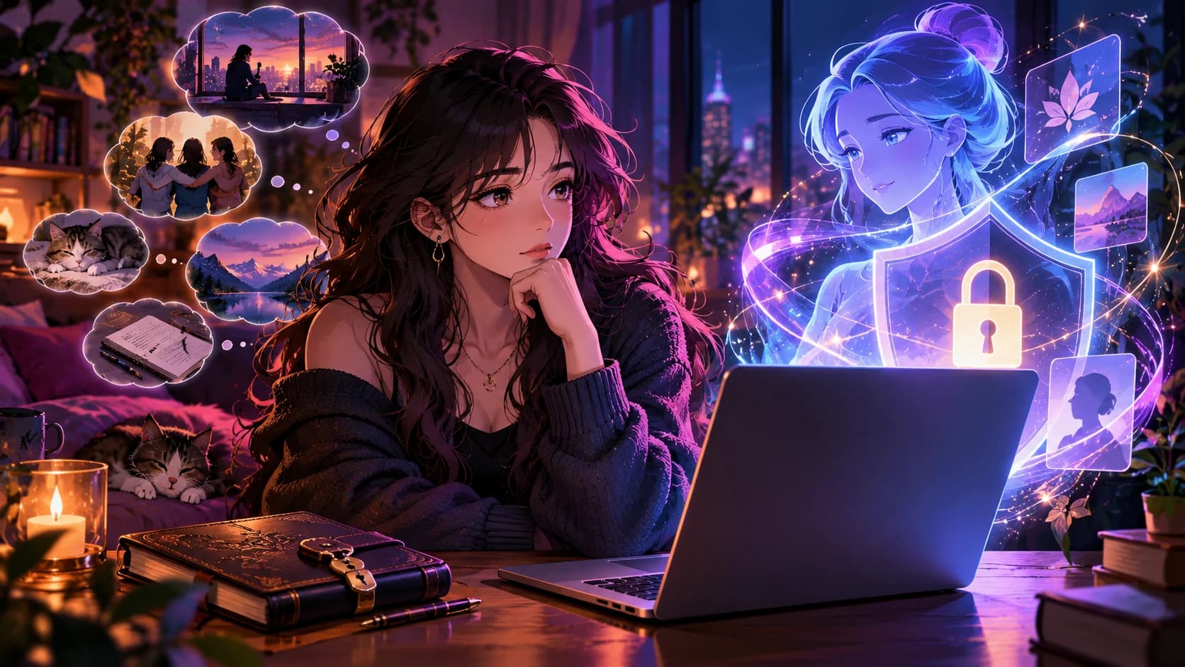 An adult anime person thoughtfully deciding what to share on a laptop, private journal closed beside it.