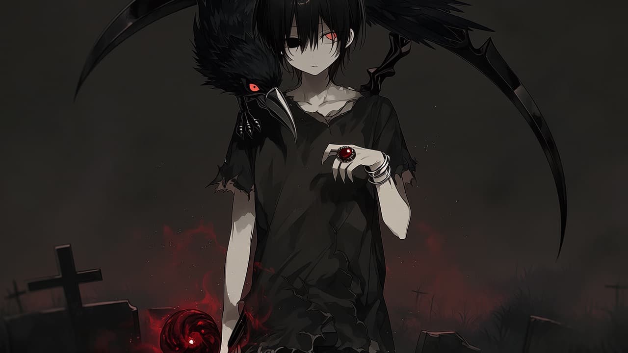 A dark, gothic figure with a raven familiar perched on their shoulder — a steady companion presence