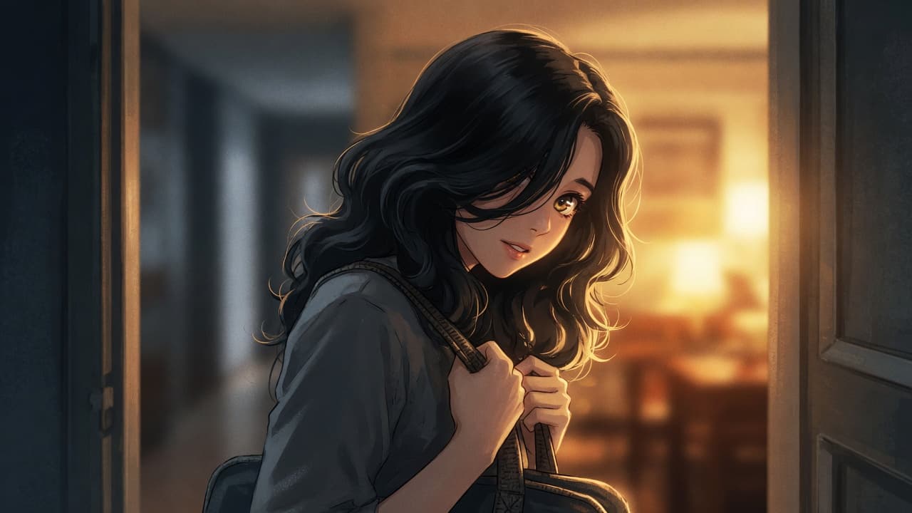 A shy anime girl half-hiding behind a book, glancing up nervously, the dandere archetype.