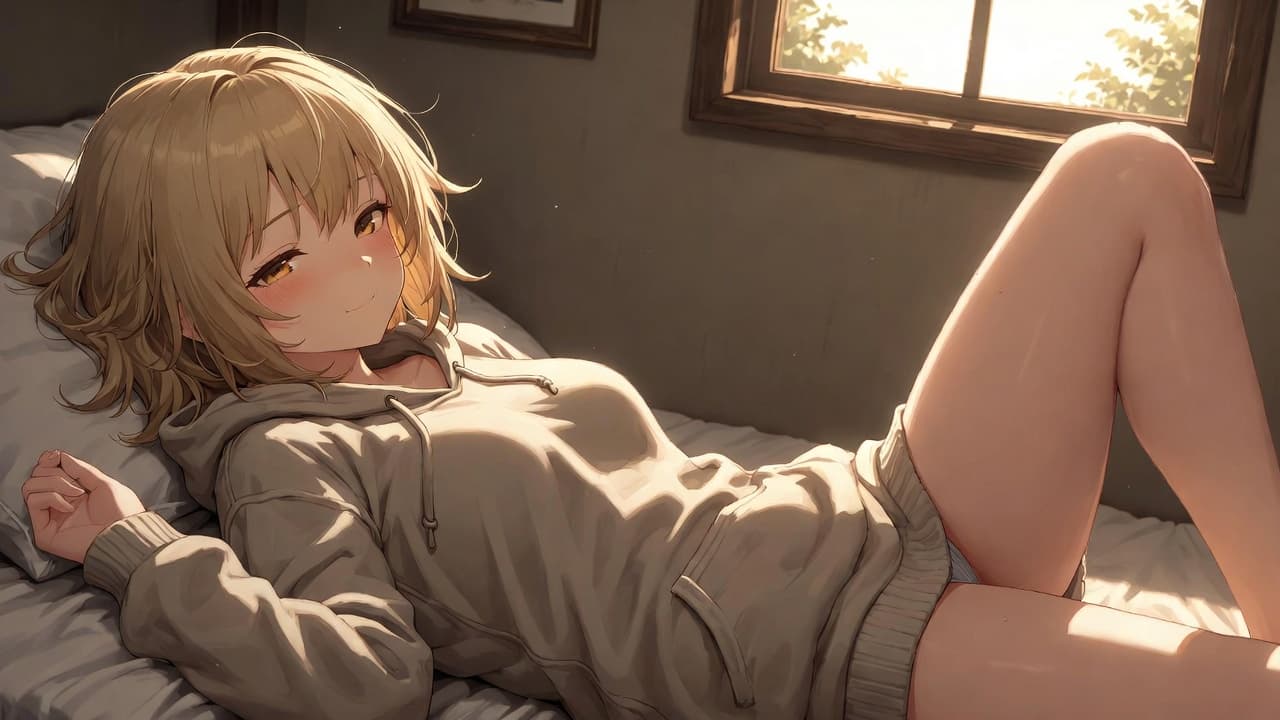 A drowsy anime girl lounging on a bed in an oversized hoodie, a small content smile and half-lidded eyes in warm afternoon light, the lazy but secretly caring darudere archetype.