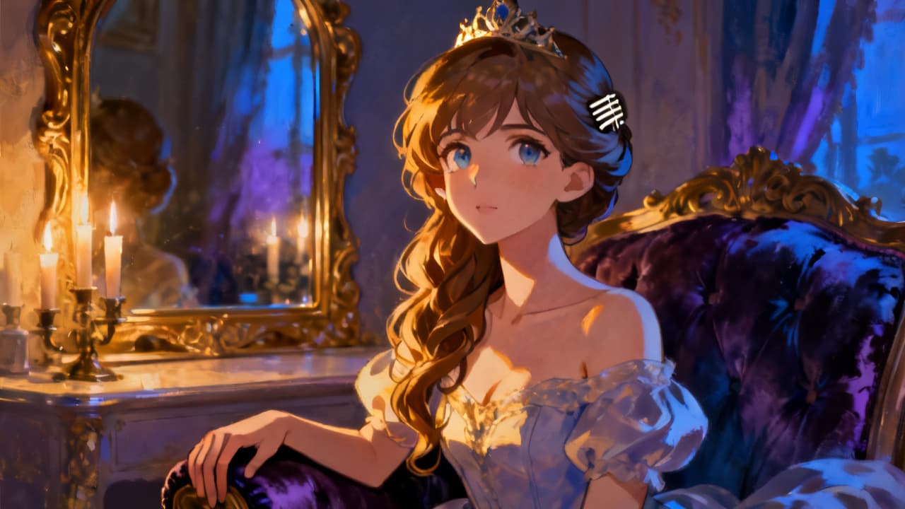 An anime woman with a princess bearing seated in an opulent chamber, chin lifted and composed, eyes direct and expectant with a quieter warmth underneath.