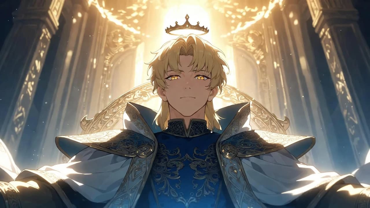 A blond anime man with golden eyes and a serene, superior expression, a floating crown and halo above him in a cathedral of golden light, wearing ornate blue and gold royal robes, the god-complex bearing of the kamidere archetype.