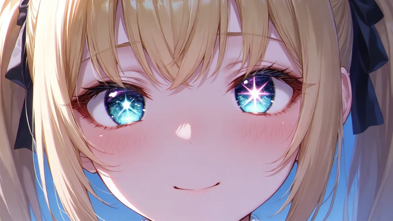 A close-up of a smiling blonde twin-tailed anime girl whose sweet expression carries a cold, unsettling glint in her sparkling eyes, the sweet-faced but black-hearted kurodere archetype.