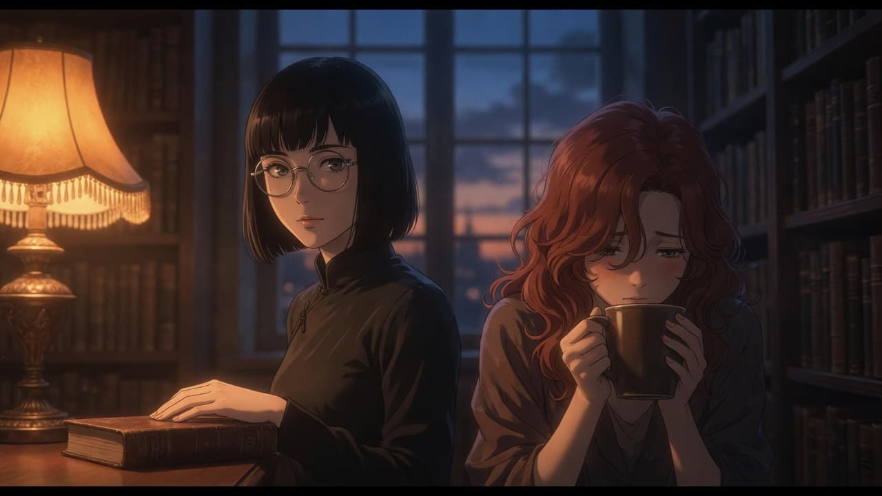 Two anime women in a lamplit library at dusk. On the left, a woman with a black bob and round glasses rests one hand flat on a closed book and looks calmly and directly at the viewer. On the right, a woman with wavy auburn hair holds a mug up close to her face and looks down and away
