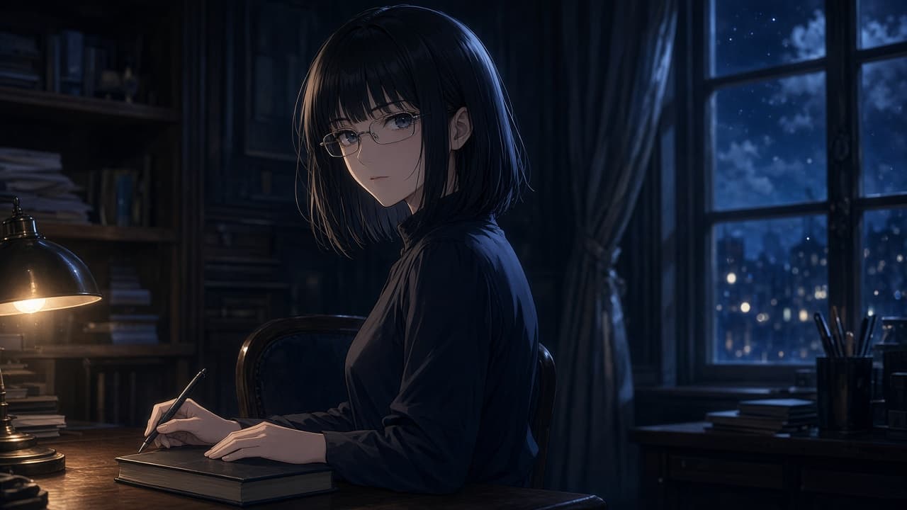 A calm, composed anime woman with a level, unreadable expression in cool blue light, the kuudere archetype.