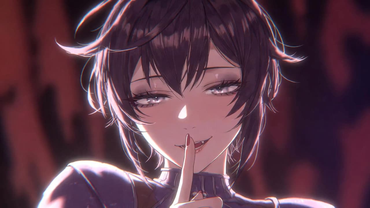 A dark-haired anime character with a playful, teasing smile, one finger raised to their lips and half-lidded mischievous eyes in moody red light, the flirtatious tormentor energy of the sadodere archetype.