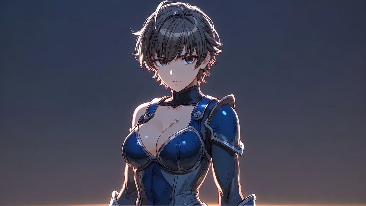 A composed dark-haired anime woman in blue and silver armor standing with a confident, self-assured stance against a dark backdrop, the tough exterior and hidden warmth of the tsuyodere archetype.