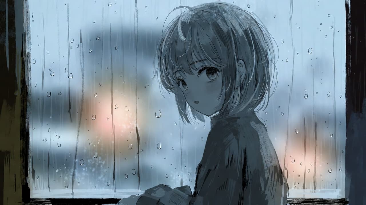 A melancholy short-haired anime girl gazing back beside a rain-streaked window in muted blue tones, quiet sadness on her face, the withdrawn utsudere archetype waiting for warmth.