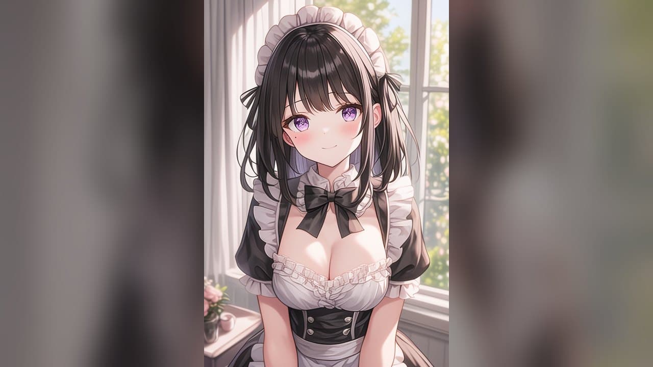 Anime maid with long black hair and violet eyes, wearing a white frilled headdress and a black ribbon bow, smiling gently beside a sunlit window.