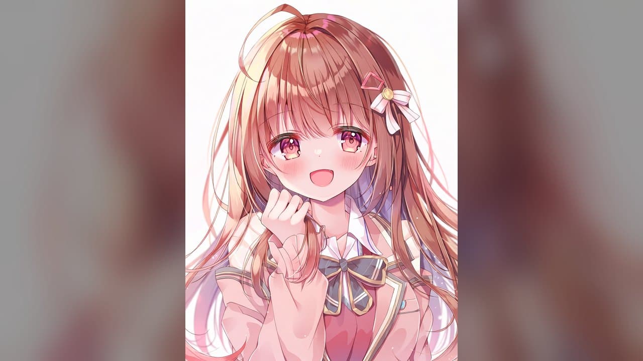 Anime girl with long auburn hair, warm reddish-pink eyes and a small pink hair bow, blushing and smiling softly with one hand raised near her chin against a bright, airy background.