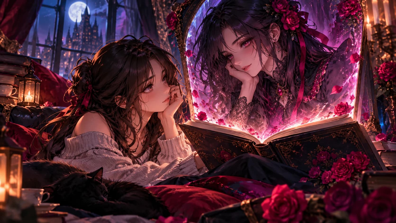 An adult anime reader considering a compelling fictional adult character reflected in a luminous storybook.