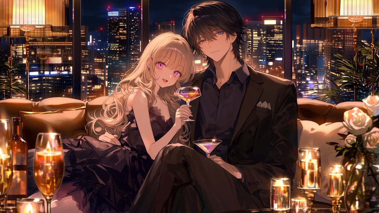 Two anime characters sitting closely together at night, sharing drinks in conversation