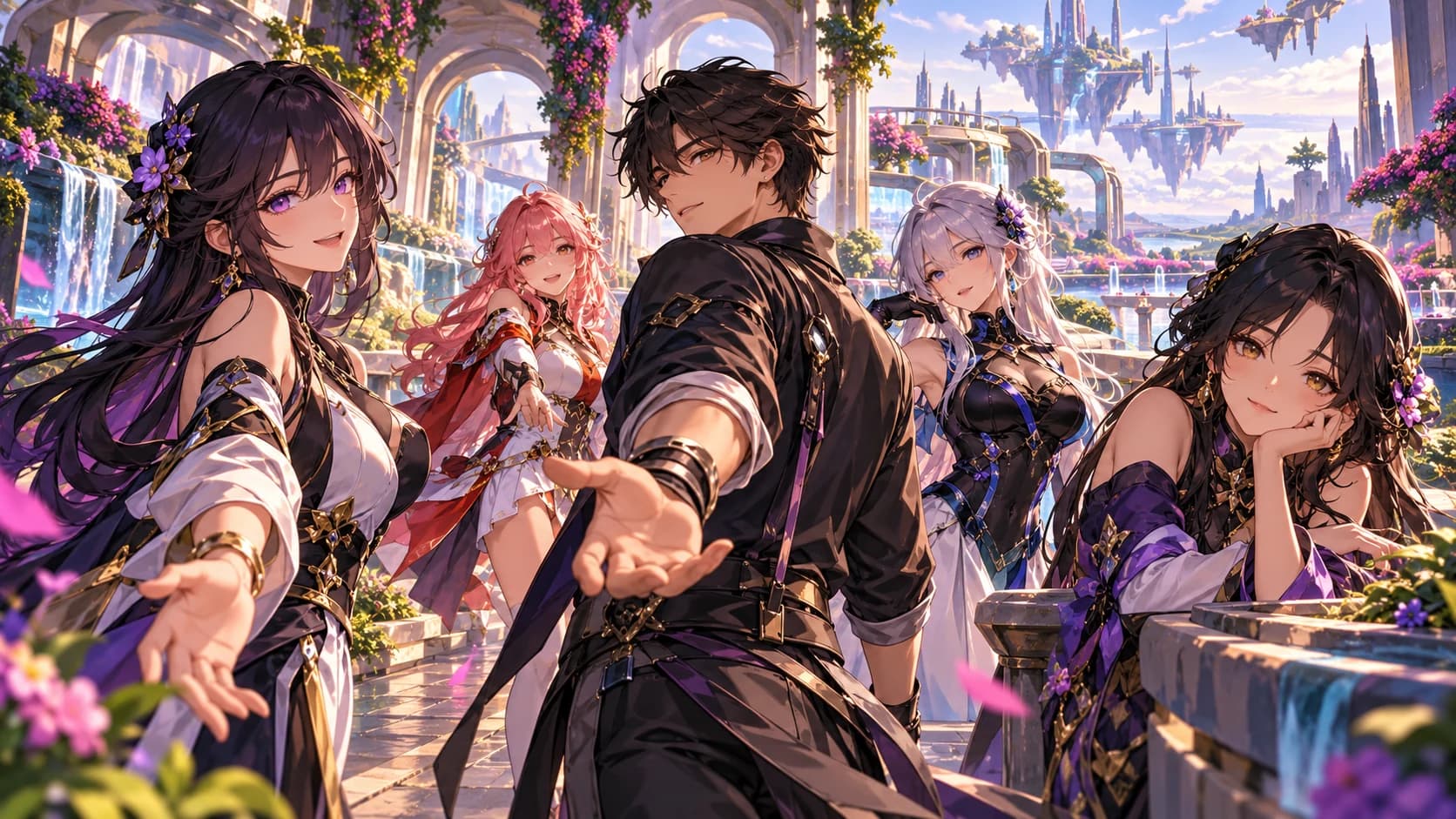 An original adult anime traveler choosing a companion in a bright futuristic garden with open pathways.