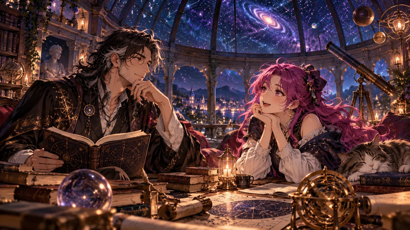 An original adult anime philosopher and playful companion talking beneath a starry observatory dome.