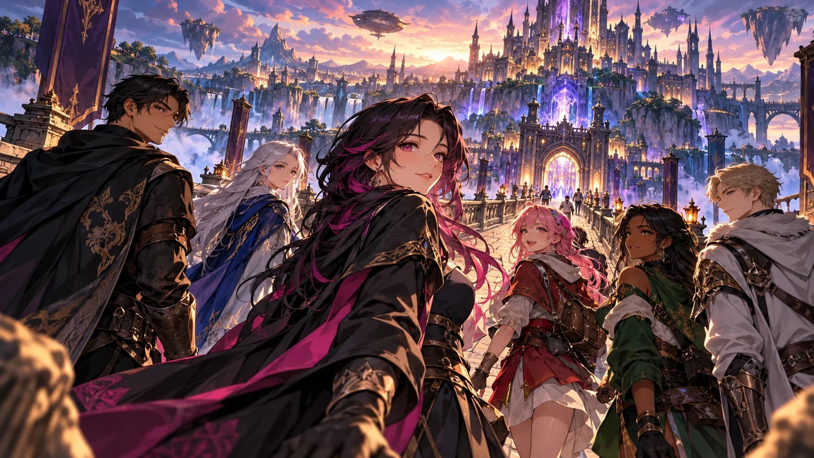 An adult anime ensemble crossing an open bridge into an expansive fantasy story city.
