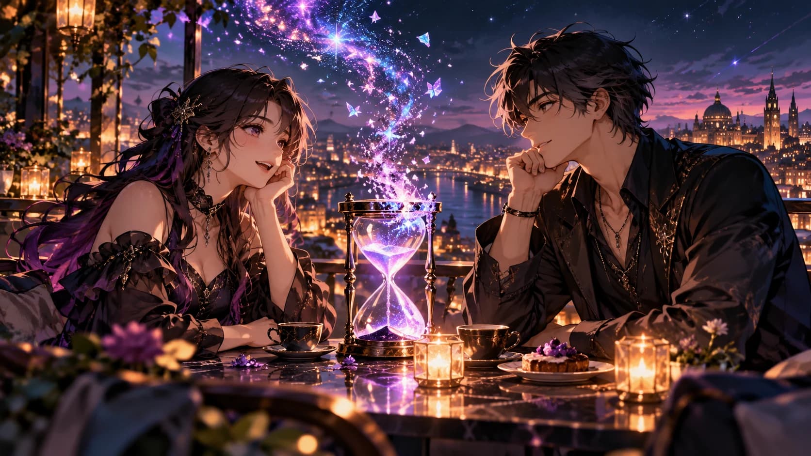 Two original adult anime companions talking freely at a rooftop cafe as a glowing hourglass dissolves into stars.