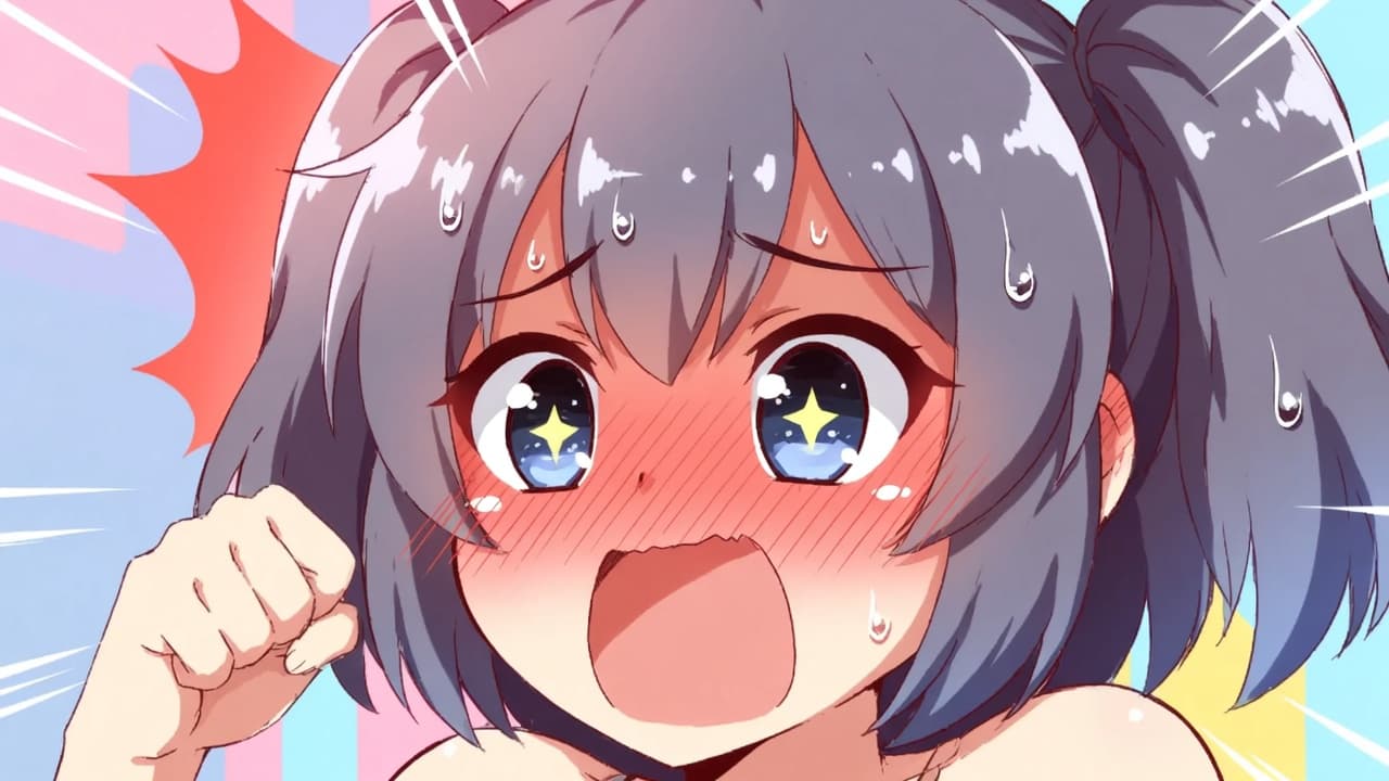 A heavily blushing anime girl with sparkling eyes and a flustered open-mouthed expression, one fist raised, comic impact lines behind her, the shy-but-combative bodere archetype.