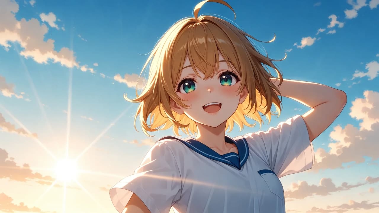 A cheerful short-haired anime girl beaming with a wide open smile against a bright sunlit blue sky, radiating the warm, openly affectionate energy of the deredere archetype.