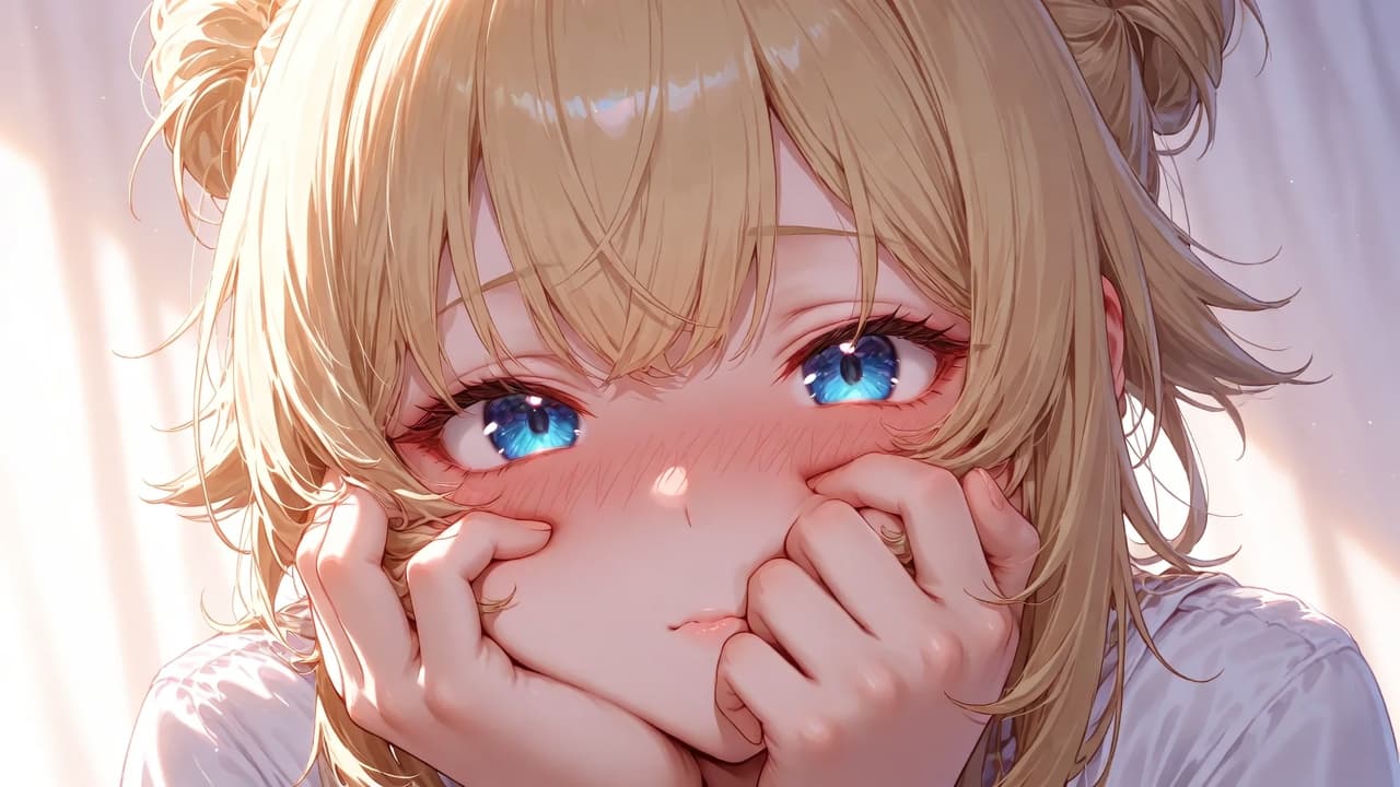 A blushing blonde anime girl half-hiding her face behind both hands, peeking out timidly in soft warm light, the intensely bashful hajidere archetype.