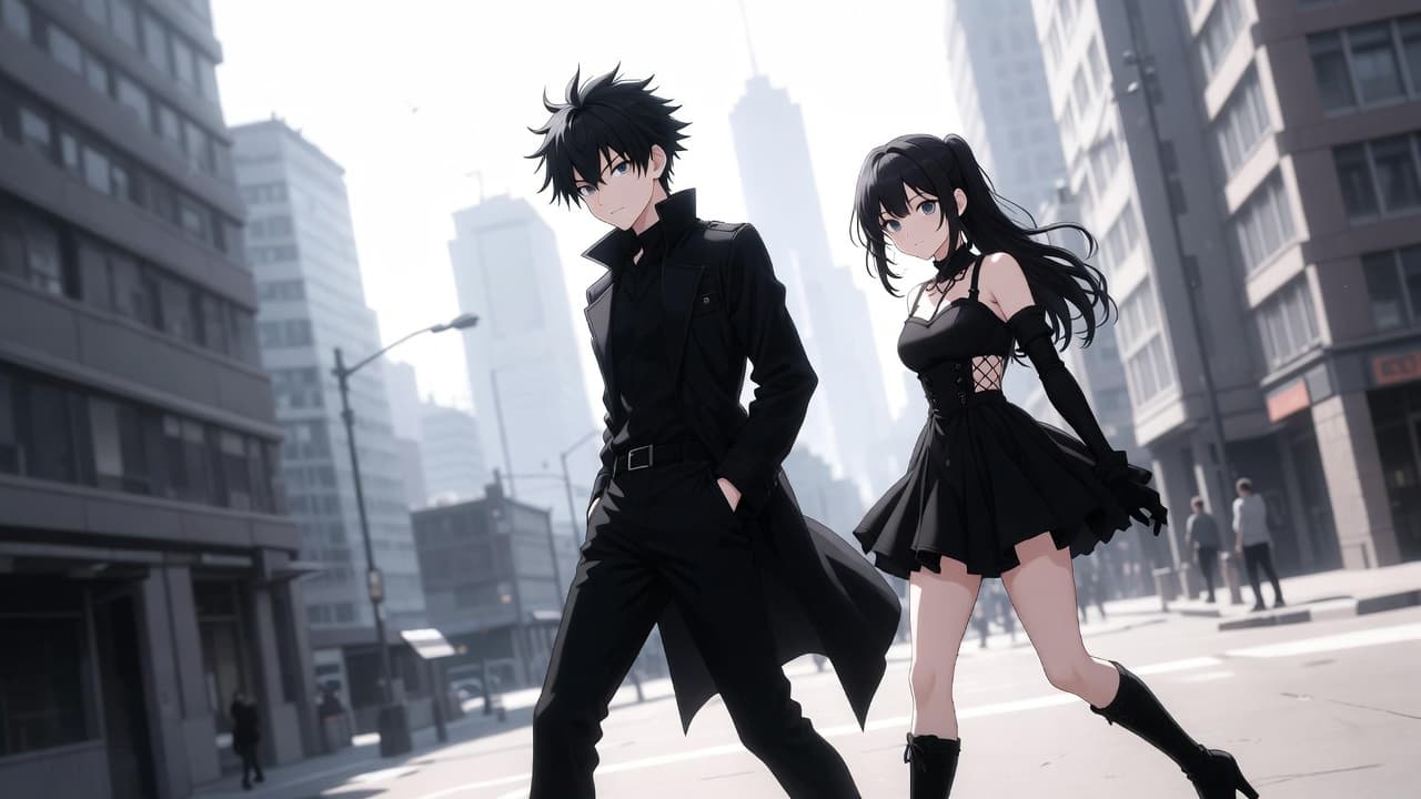 A dark-haired couple dressed in black walking through a foggy, monochrome city, the woman's wary, fixed gaze catching the possessive intensity of the yandere archetype.
